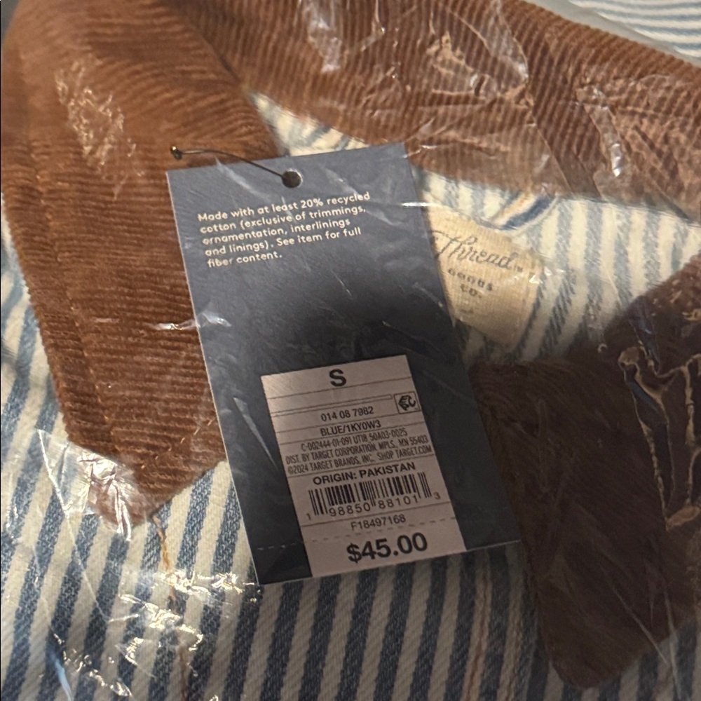 Size Small Universal Thread Blue Striped Jean Jacket with Brown Collar - Picture 5 of 5